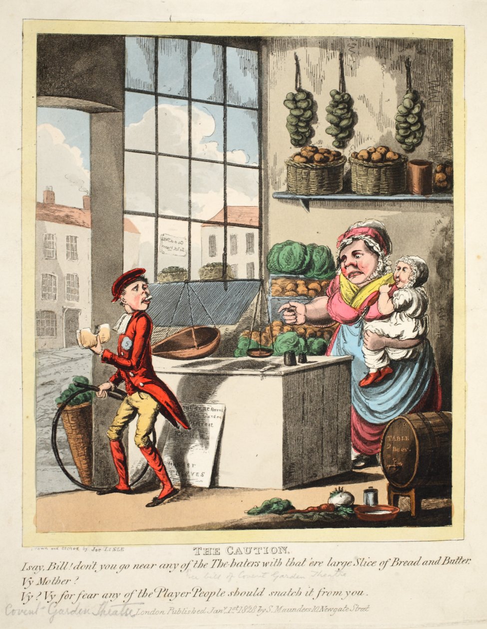 Dikkat, Covent Garden Tiyatrosu, pub. 1828 (el renkli gravür) by Joe Lisle