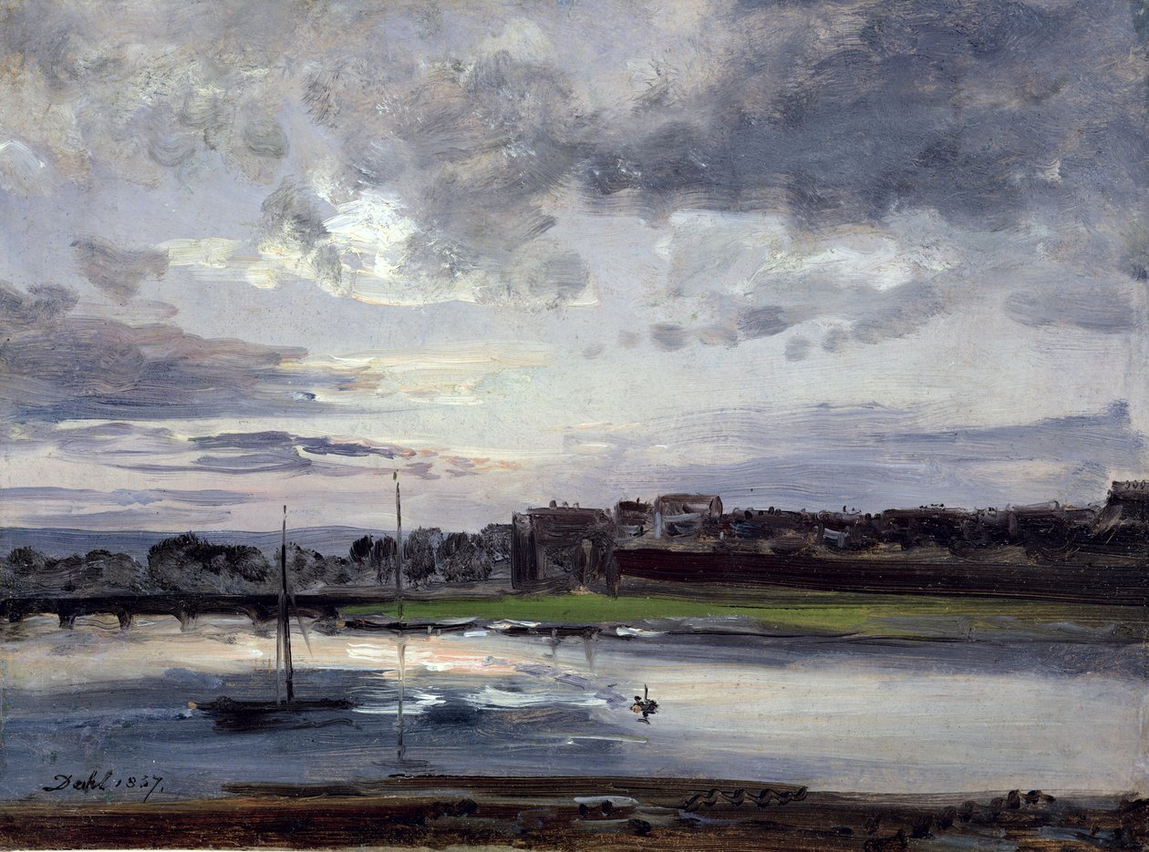 Elbe ve Yeni Şehir, Dresden, Akşam Işığında, 1837 (kağıt üzerinde yağlı boya) by Johan Christian Dahl