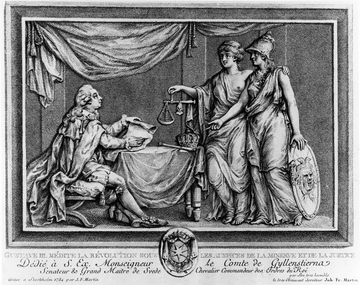 Gustave III, Minerva ve Adalet himayesinde Devrimi düşünürken, 1784 by Johan Fredrik Martin