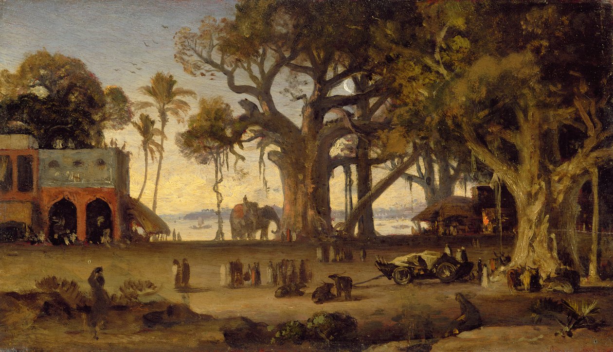 Banyan Ağaçları Arasında Hint Figürleri ve Fillerin Mehtaplı Sahnesi, Yukarı Hindistan (muhtemelen Lucknow) (Hint parke panelindeki yağ) by Johan Joseph Zoffany