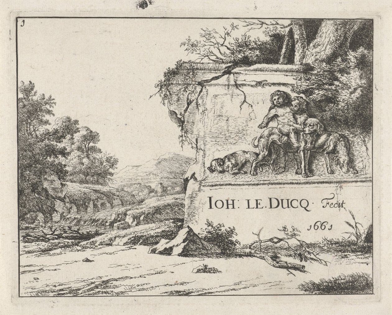 Bir nehir ile bir manzarada bir harabe görünümü by Johan le Ducq