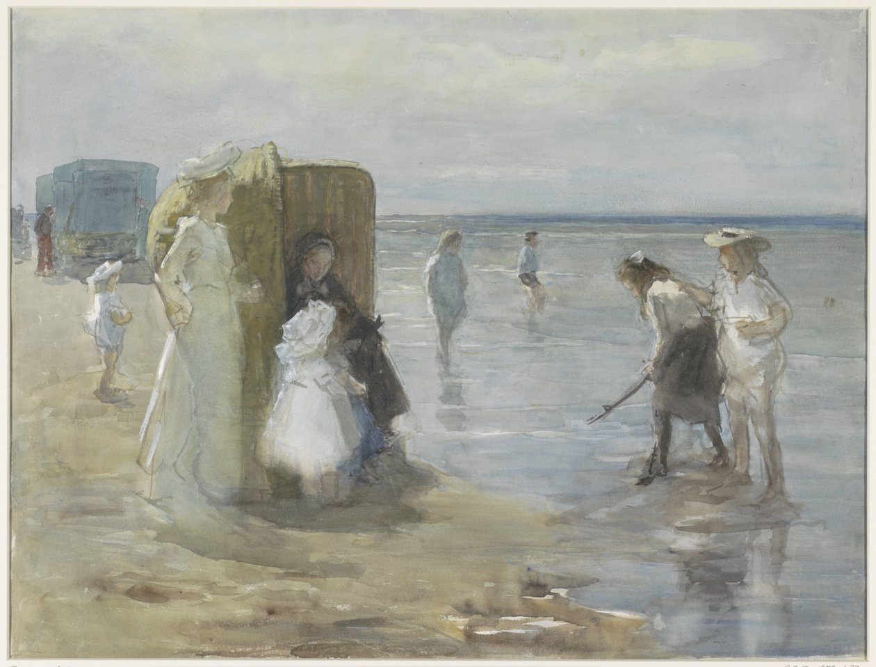 İki bayan ve çocukla Scheveningen plajındaki yüksek gelgit hattı boyunca görüntüleyin by Johan Antonie de Jonge