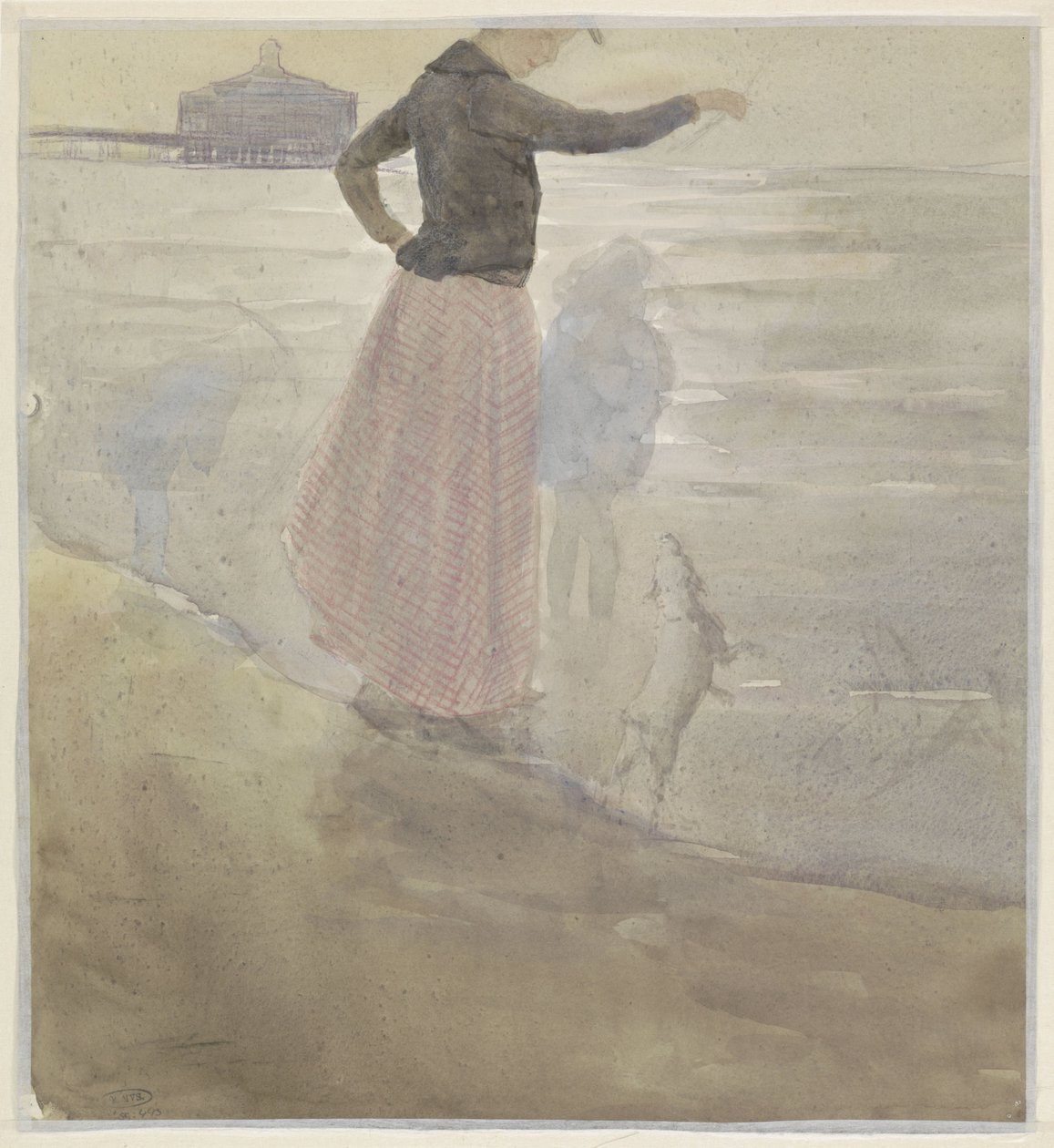 Sahilde iki çocuğu ve köpeği olan bir kadın. by Johan Antonie de Jonge