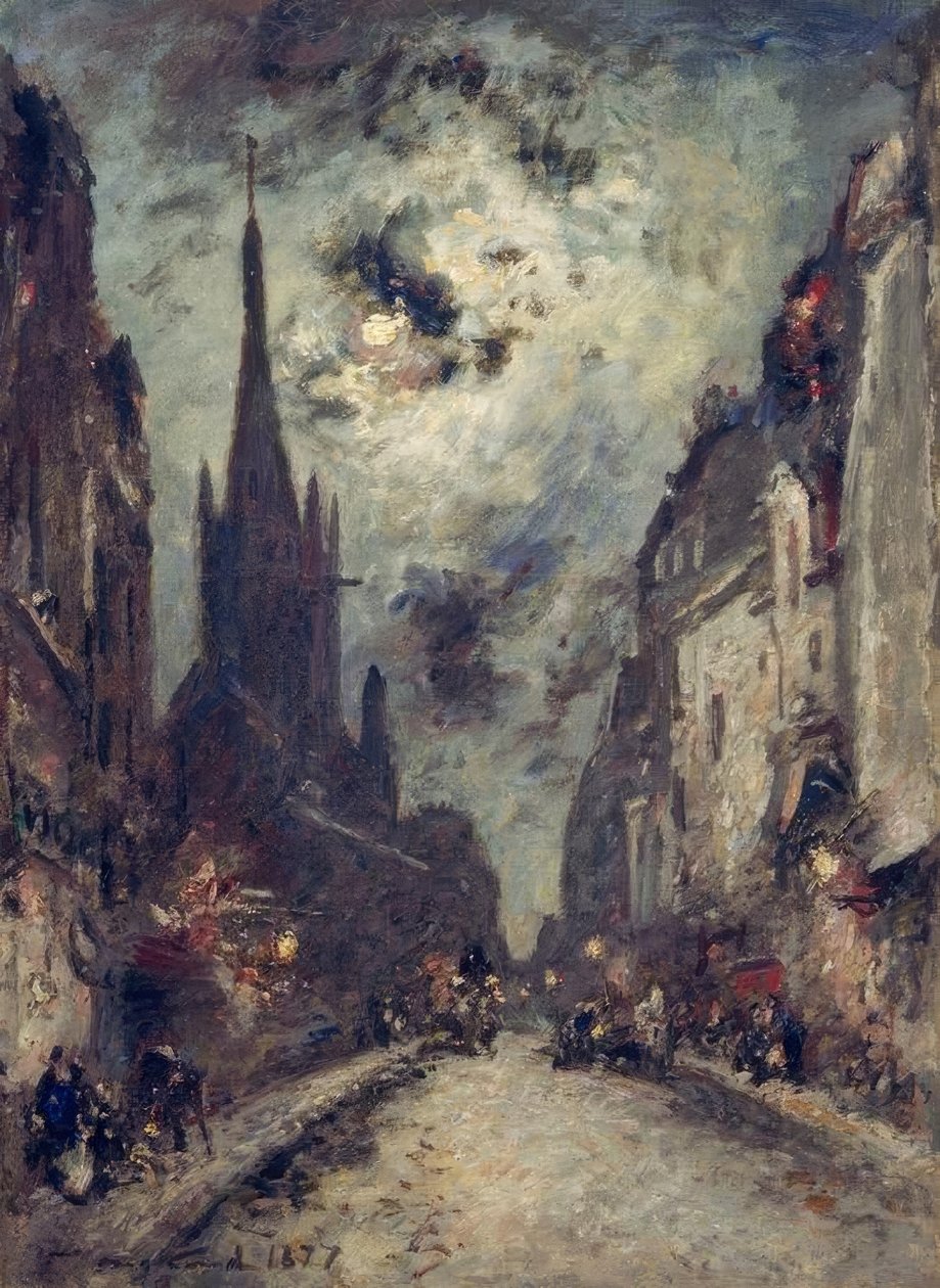 Mondsche yakınlarındaki St. Séverin Kilisesi ile St. Jacques Sokağı by Johan Barthold Jongkind