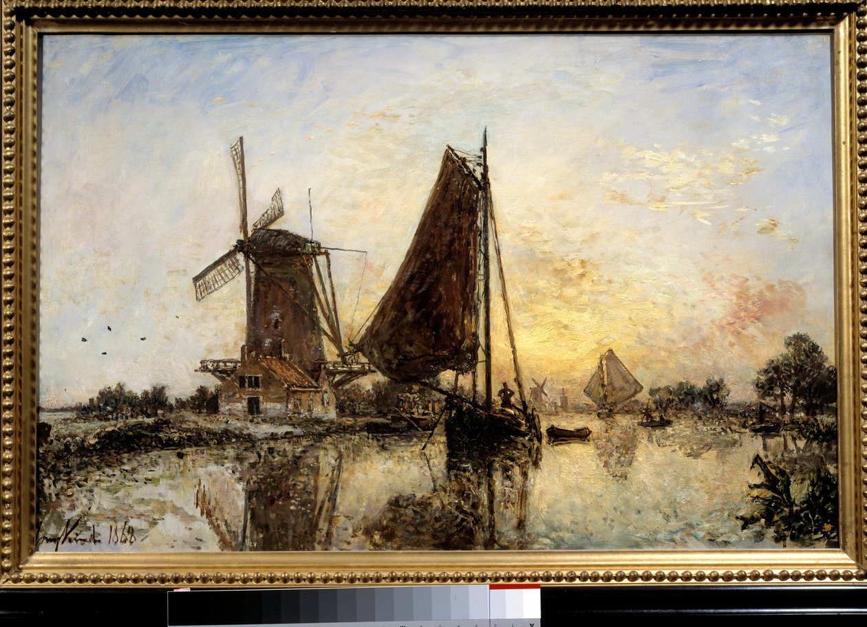 Hollanda Manzarası, Değirmen Yakınındaki Tekneler Tablosu Jean Barthold Jongkind (1819-1891) 1868 Güneş. 0,52x0,81 m Paris, Musee d
