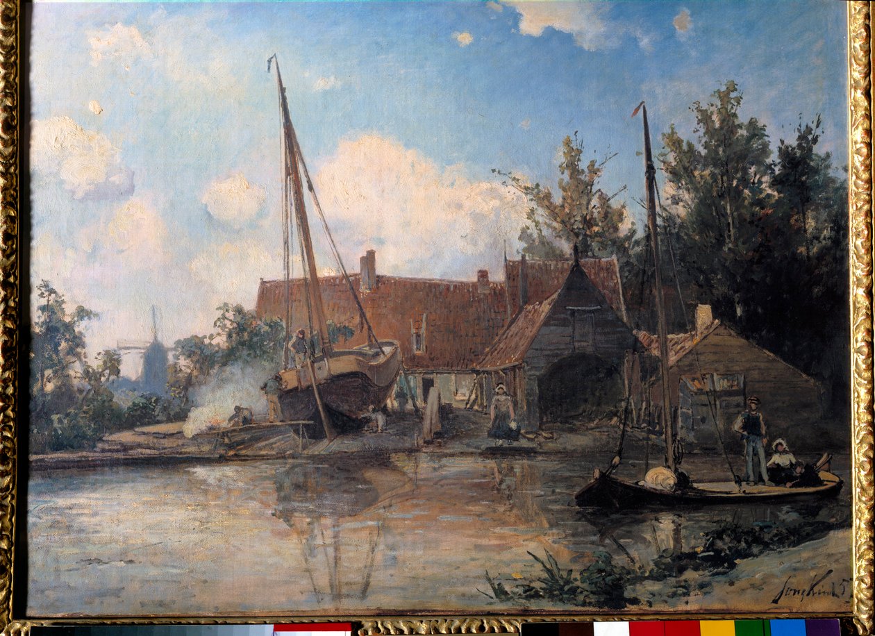 Jean Barthold Jongkind (1819-1891) 1857 Sun tarafından Büyük Bir Tekne Kalafatlama Tablosu ile Hollanda Manzarası. 0,42x0,56 m by Johan Barthold Jongkind