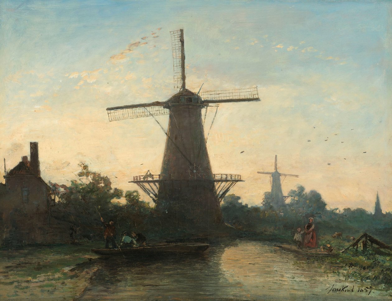 Rotterdam yakınlarındaki yel değirmenleri by Johan Barthold Jongkind