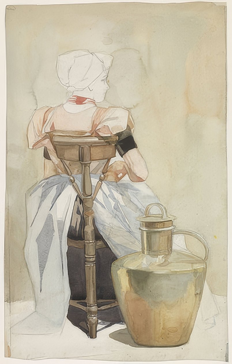 Sitzendes Mädchen, Tracht, Rückenansicht (geleneksel kostümlü oturan kız, arkadan görülüyor) by Johan Braakensiek