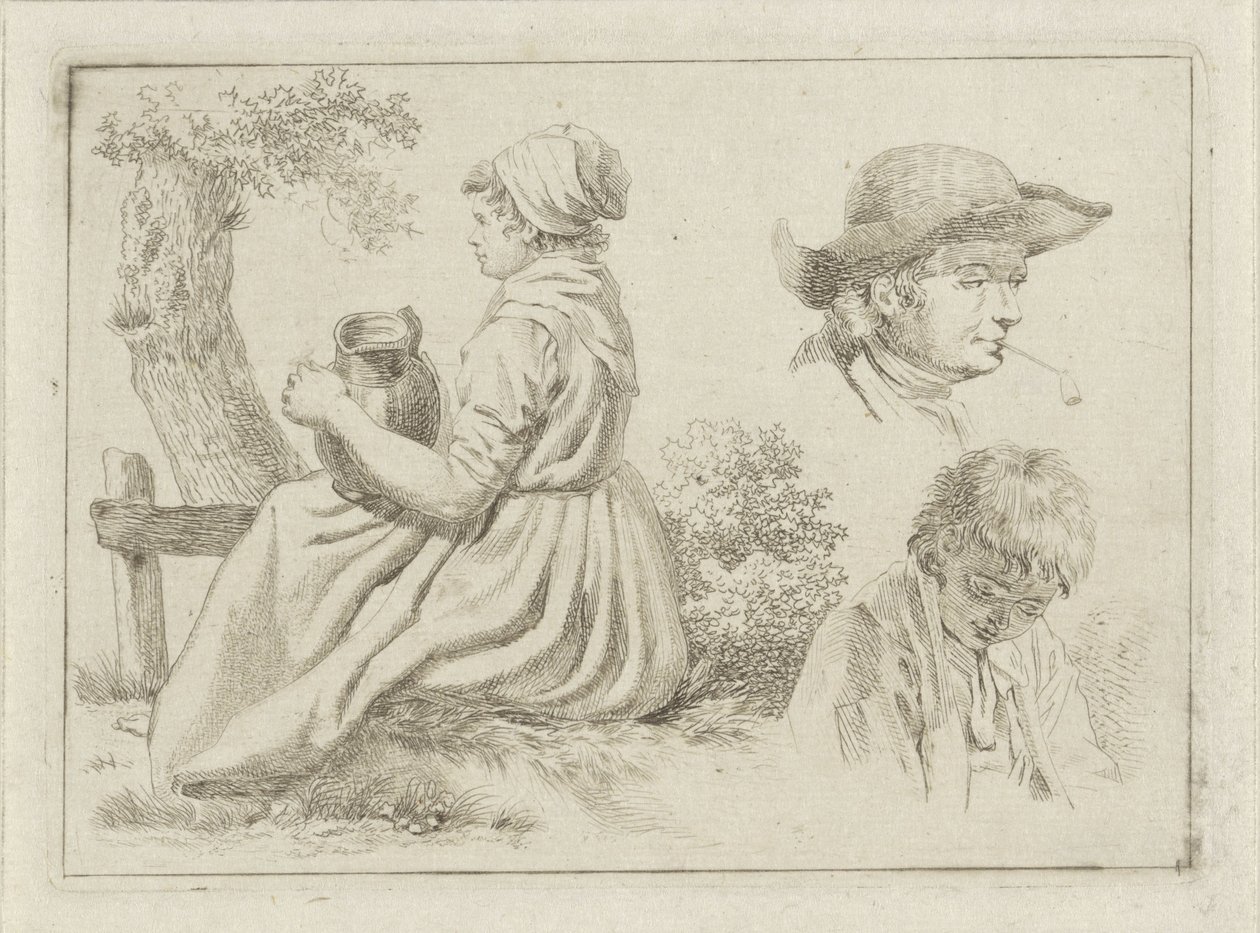 Sürahili oturan kadın, pipolu bir adamın ve bir çocuğun portresi. by Johan Christiaan Willem Safft