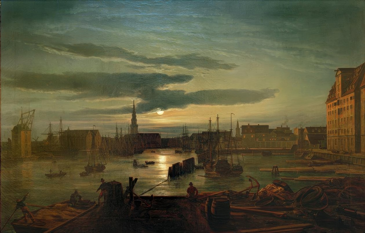 Ay ışığında Kopenhag limanı by Johan Christian Dahl