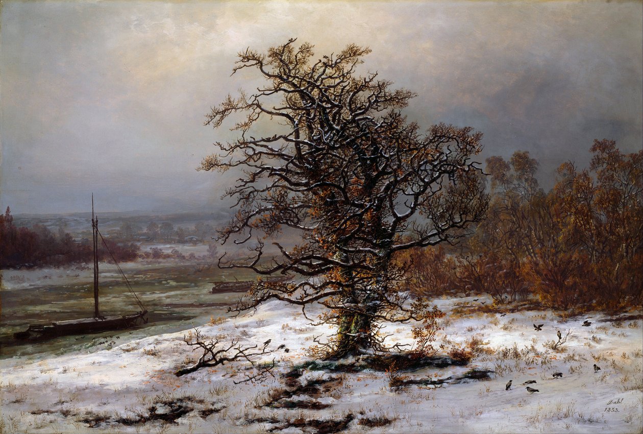 ""Elbe, Almanya kıyısında meşe ile kış manzarası"" Johan Christian Clausen Dahl (1788-1857) tarafından tablo 1853 Ulusal Sanat Müzesi, Oslo by Johan Christian Dahl