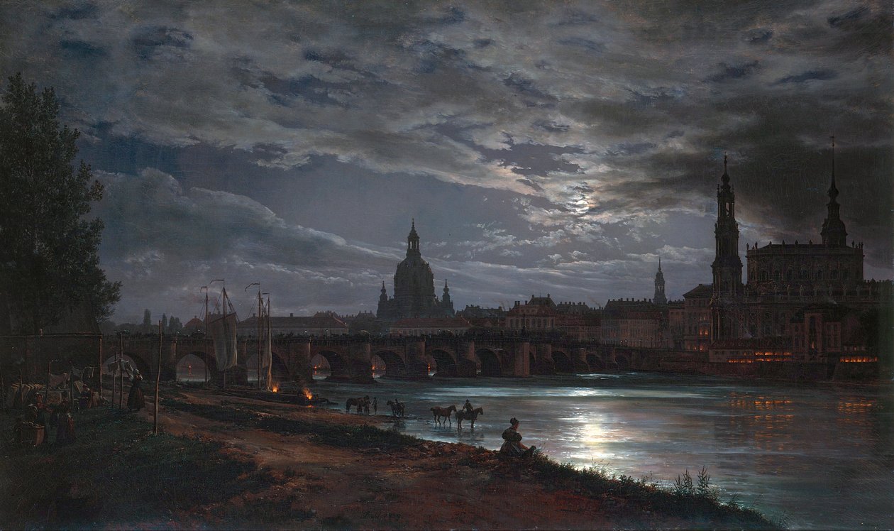 ""Ay Işığından Dresden Görünümü"" (Ay Işığından Dresden Görünümü) Tablo Johan Christian Clausen Dahl (1788-1857) 1839 - Tuval üzerine yağlı boya Dim 78x130 cm Dresden Devlet Sanat Koleksiyonları Dresden by Johan Christian Dahl