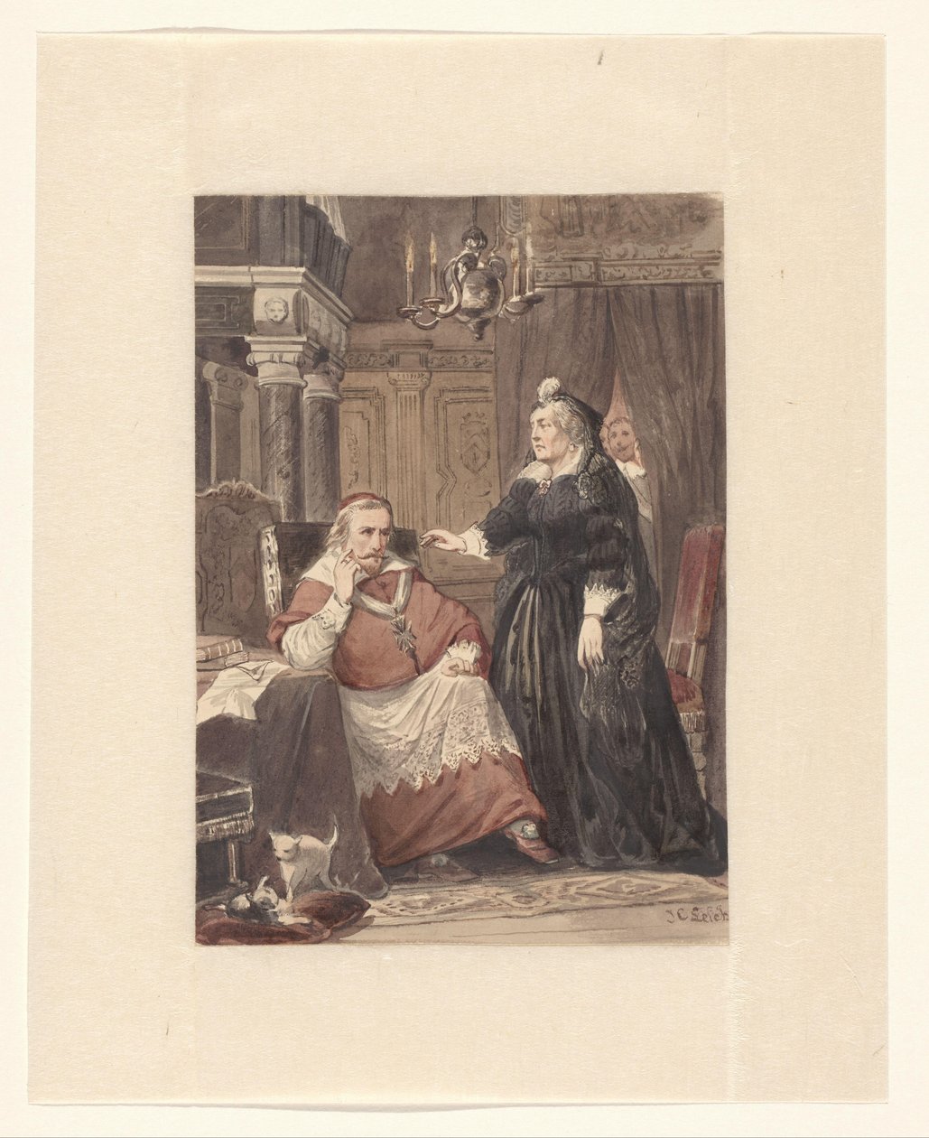 Bir iç mekanda iki kişi, muhtemelen Maria de Medici ve Cardinal de Richelieu by Johan Coenraad Leich (signed by artist)