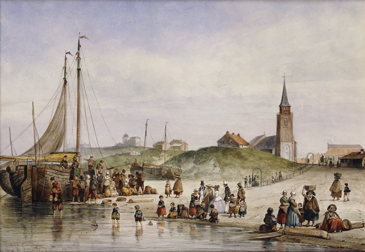 Kasabanın Ötesinde Bir Sahilde Balıkçılar, 1857 by Johan Gerard Smits
