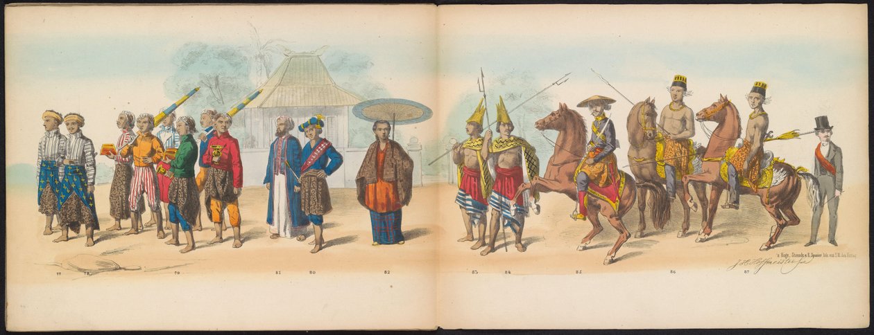 Delft öğrencilerinin maskeli baloları, 1857 (plaka 9) Delft öğrenci birliklerinin üyeleri tarafından 5 Mayıs 1857'de düzenlenen, Djokjokarta Sultanı'nın Garebeg alayını ve Hollanda'dan en karakteristik türleri betimleyen kostümlü alay by Johan Hendrik Hoffmeister