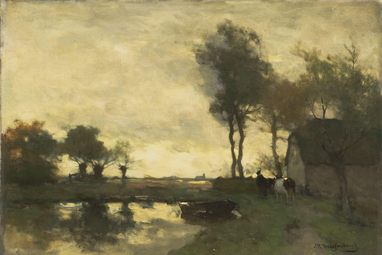 Göl kenarında bir çiftlik ile manzara by Johan Hendrik Weissenbruch