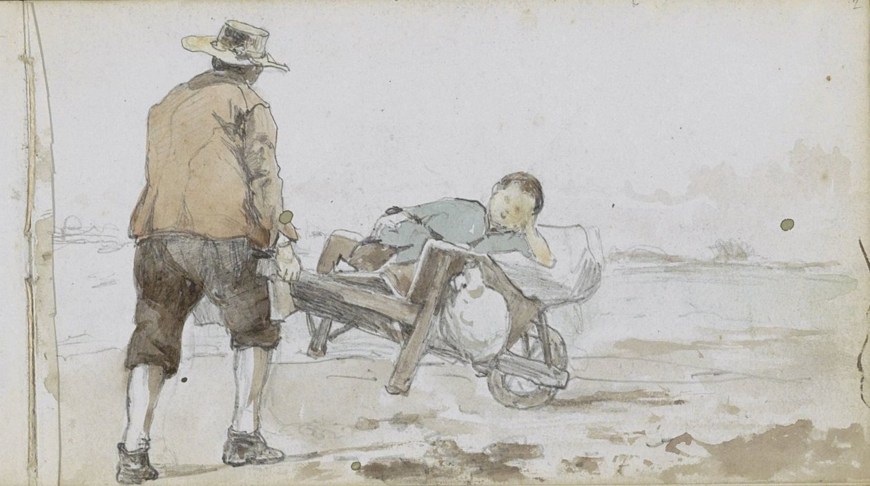 Bir çocuğu el arabasına iten bir adamla manzara by Johan Hendrik Weissenbruch