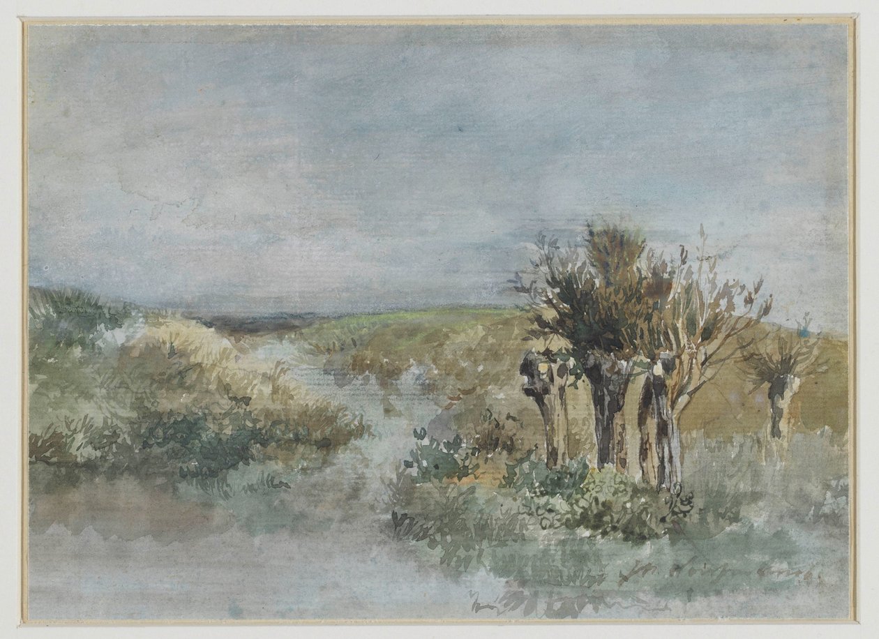 Bir hendek boyunca pollard söğütleriyle manzara by Johan Hendrik Weissenbruch