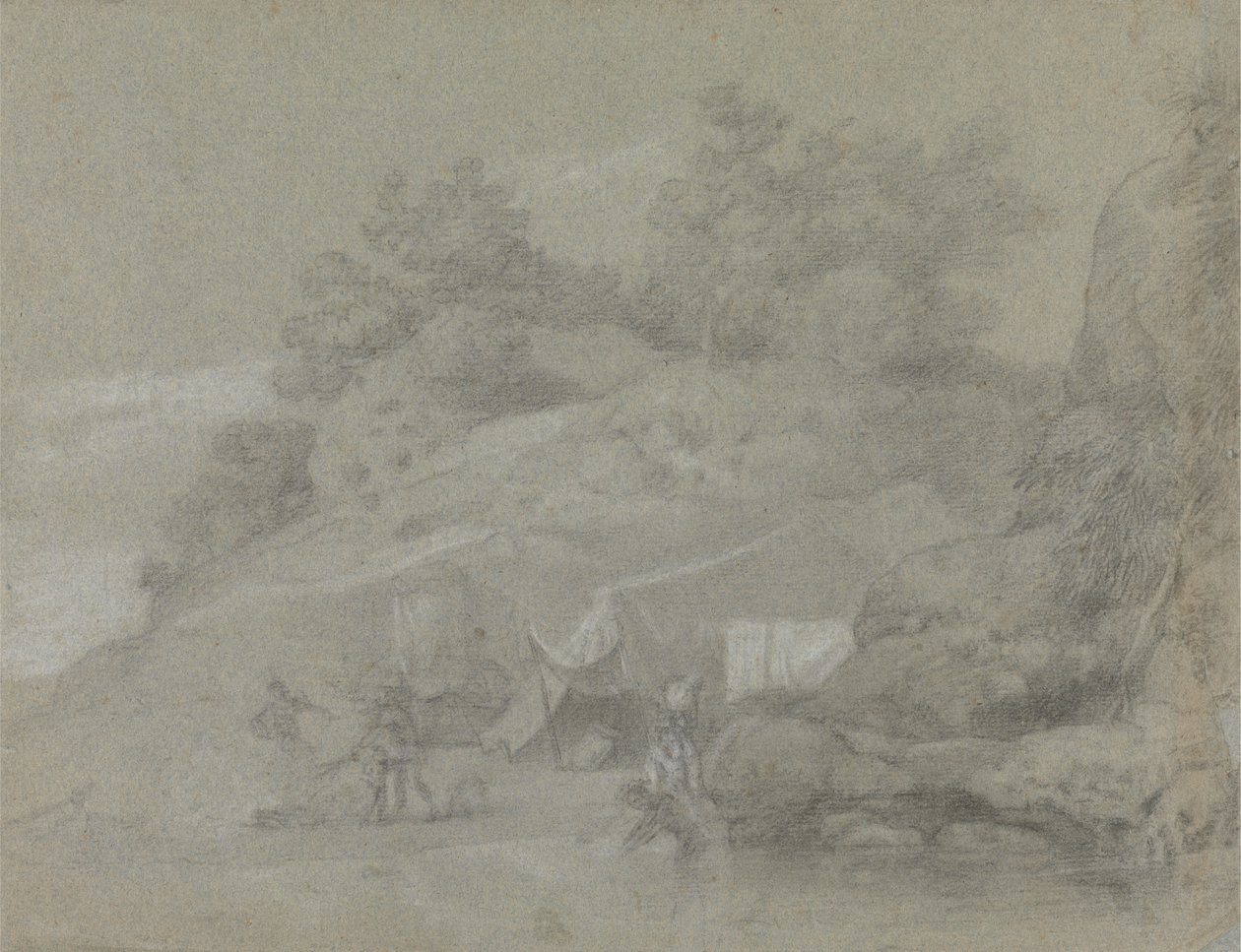 Rakamlarla Kayalık Bir Kıyı Kenarında Bir Nehir, Muhtemelen Hindistan'da by Johan Joseph Zoffany
