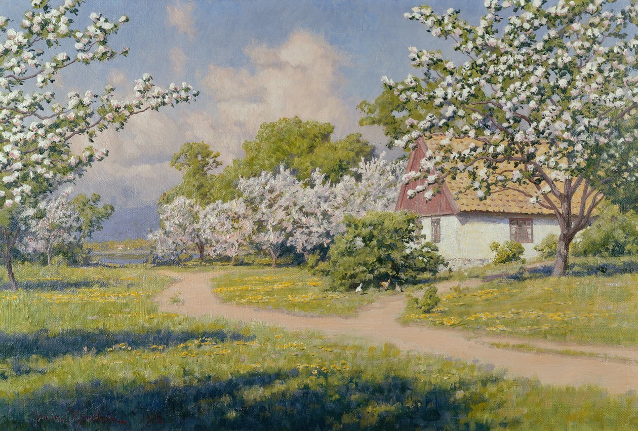 İlkbaharda Bir Kulübe ile Ormanlık Bir Manzara by Johan Krouthén