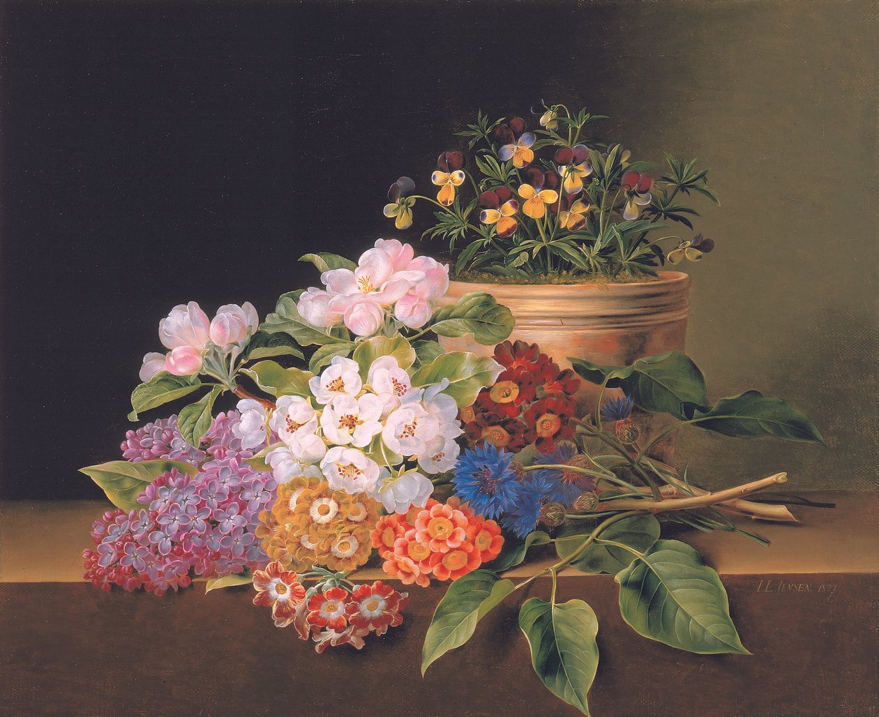 Leylak, elma çiçeği, peygamberçiçekleri ve bir çıkıntıda bir tencerede viyola bulunan tatlı williams, 1827 by Johan Laurents Jensen