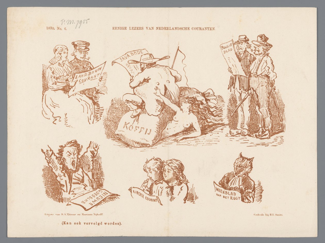Farklı gazete okuyucularının karikatürü, 1870 Hollanda gazetelerinin bazı okuyucuları (nesne üzerine başlık) by Johan Michaël Schmidt Crans