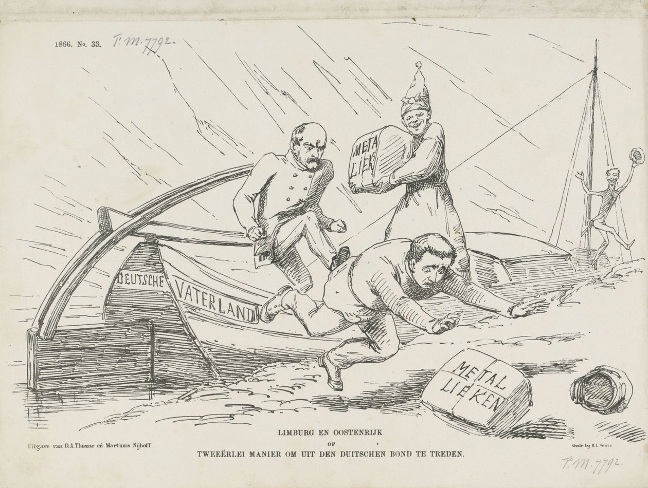 Bismarck ve Alman Konfederasyonu hakkında karikatür, 1866 Limburg ve Avusturya veya Alman Konfederasyonundan Ayrılmanın İki Yolu (nesnedeki başlık) by Johan Michaël Schmidt Crans