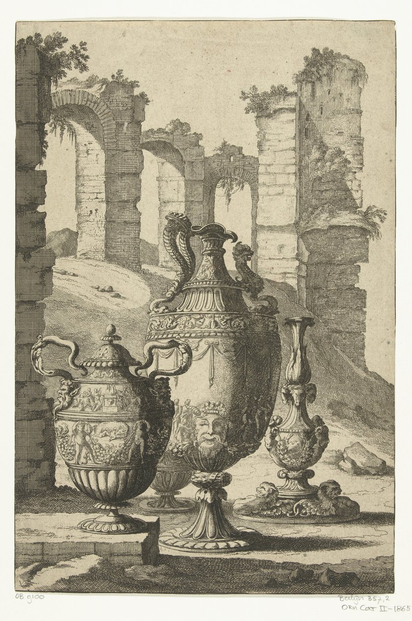 Üç vazo ve bir şamdan Materiam superabat opus (nesne üzerindeki başlık) Vazolar ve şamdanlar (seri başlığı) by Johan Teyler (attributed to)