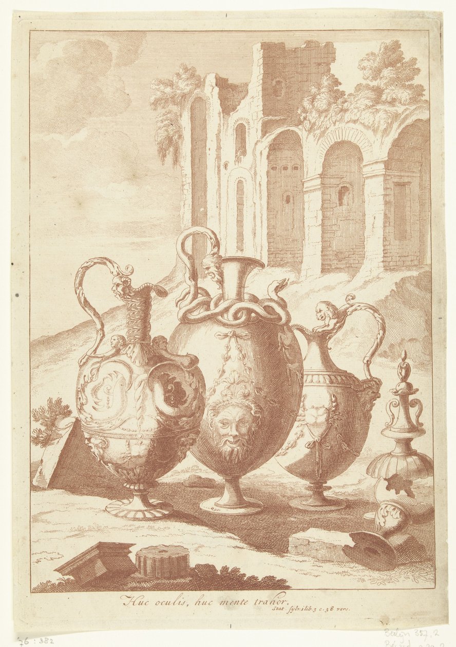 Dört vazo, dördüncü kırık Huc oculis, huc mente trahor (nesne üzerindeki başlık) Vazolar ve şamdanlar (seri başlığı) by Johan Teyler (attributed to)
