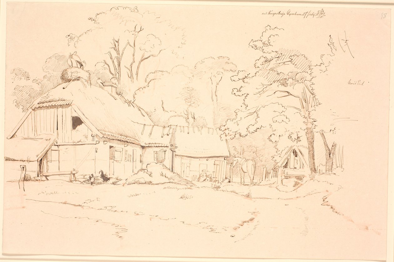Çatıda leylek yuvası olan çiftlik evi by Johan Thomas Lundbye