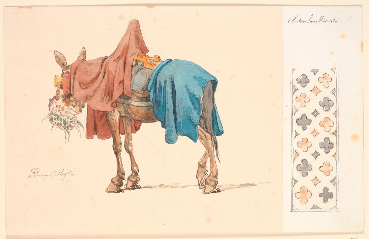 Yeşil yemlerini yeme sürecinde olan bir katır. Yapıştırılmış kağıdın sağında dekoratif bir uzaklık by Johan Thomas Lundbye