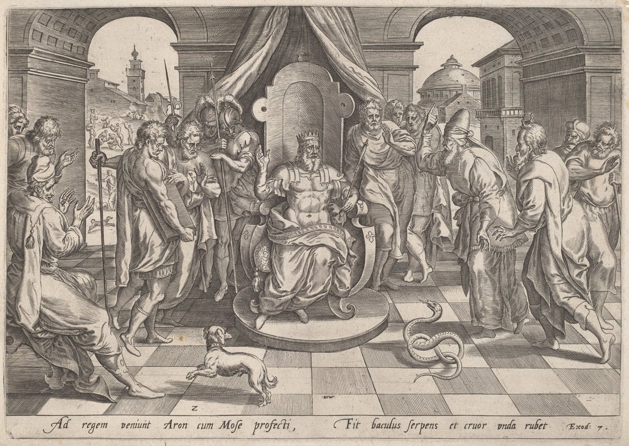 Firavunun huzurunda Musa ve Harun by Johan Wierix, after Maarten van Cleef