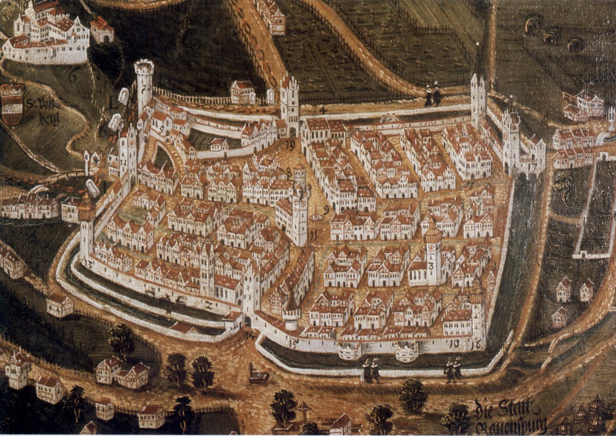 Weißenau manastırının prospektüsü ve kuzeyden imparatorluk şehri Ravensburg by Johann Andreas Rauch