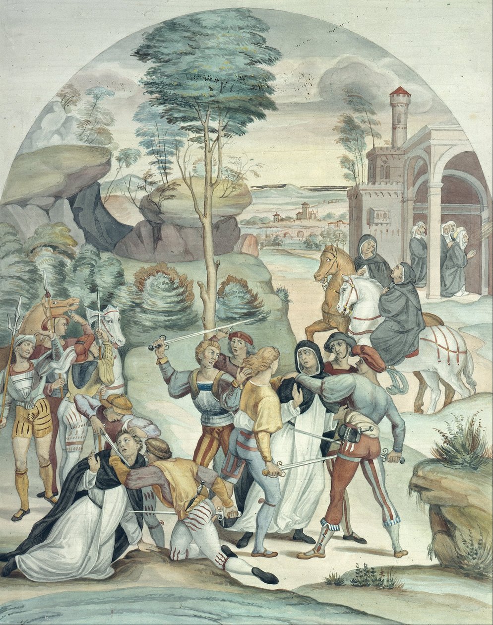 Sienalı Aziz Catherine, İki Dominikliyi Soyguncuların Ellerinden Kurtardı by Johann Anton Ramboux