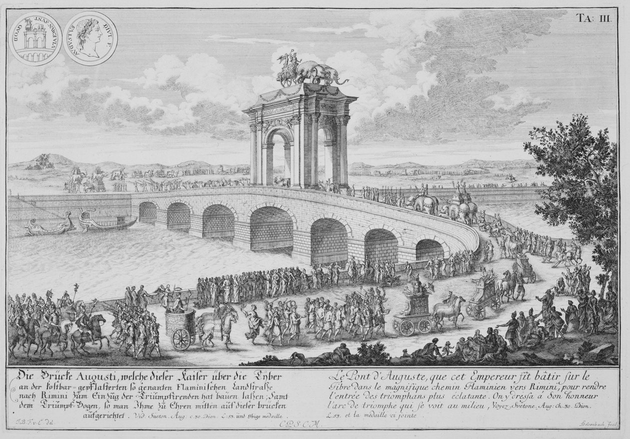 Augustus Köprüsü, Via Flaminia, Rimini, İtalya yakınlarındaki, Johann Adam Delsenbach (1687-1765) 1721 tarafından oyulmuş 