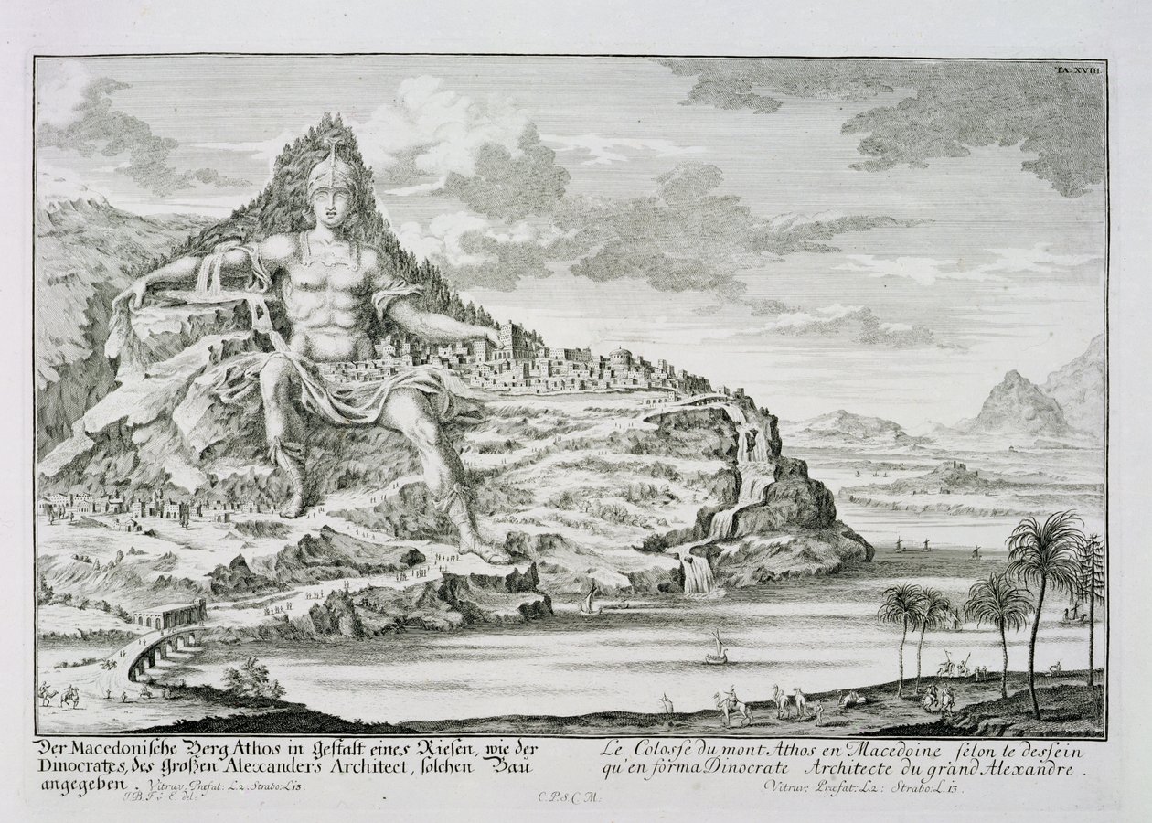 The Colossus of Mount Athos, Macedonia, a design by Dinocrates, the architect of Alexander the Great, plate 18 from 