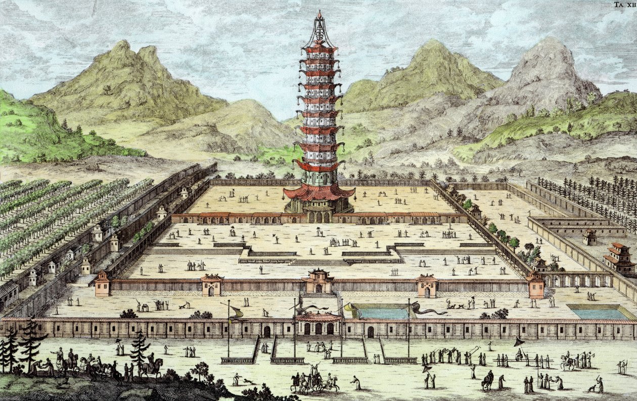 Nanking Porselen Kulesi, Johann Adam Delsenbach (1687-1765) 1721 (daha sonra renklendirme) tarafından oyulmuş 'Tarihi bir mimarinin tasarımı' ndan plaka 12 by Johann Bernhard Fischer von Erlach