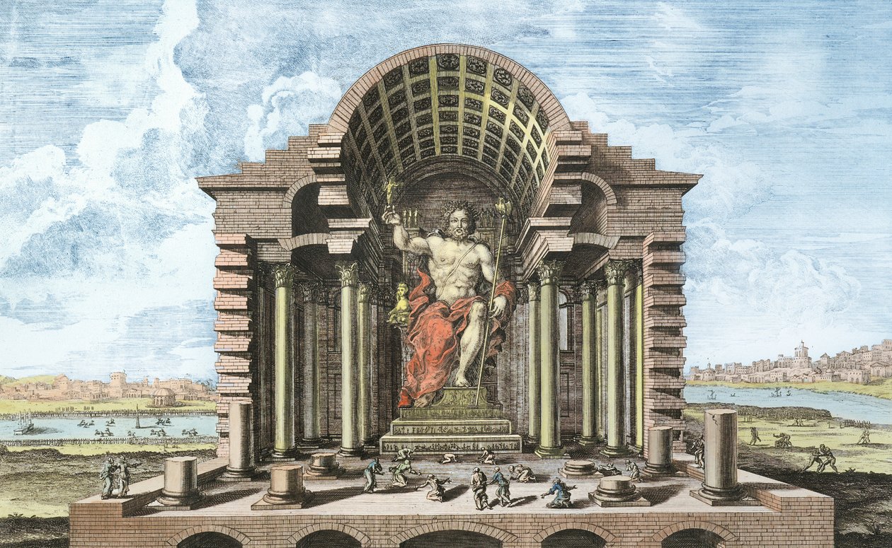 Phidias tarafından Olimpiya Zeus Heykeli, Johann Adam Delsenbach (1687-1765) 1721 (daha sonra renkli) tarafından oyulmuş 'Tarihi bir mimarinin tasarımı'ndan plaka 5 by Johann Bernhard Fischer von Erlach