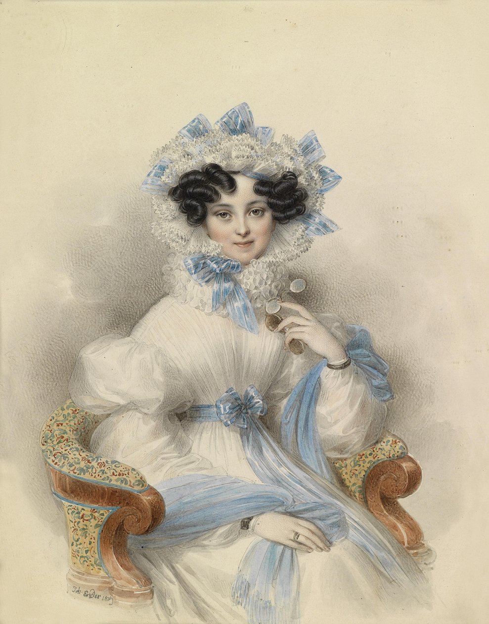 Bildnis der Erzherzogin Henriette von Österreich in weißem Kleid mit blauen Schleifen, in einem Lehnstuhl sitzend by Johann Ender