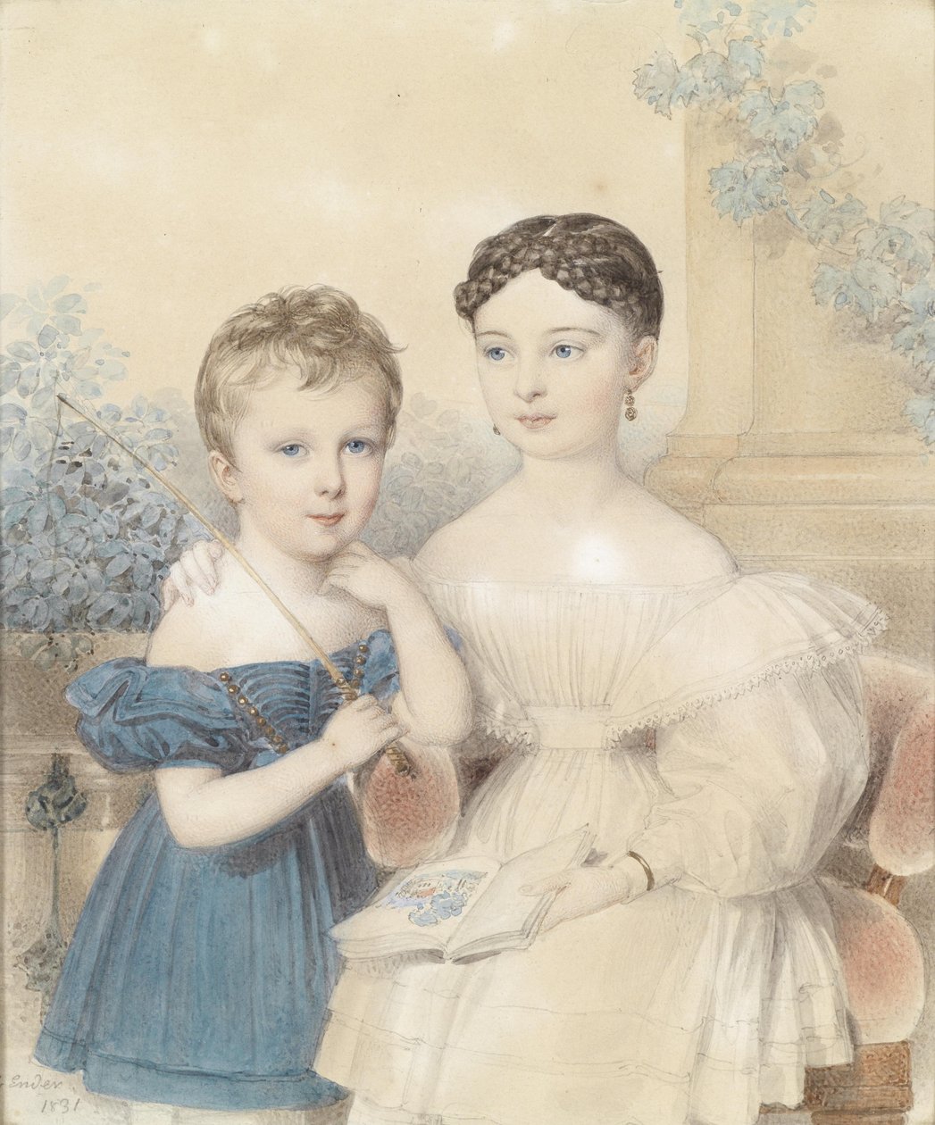 Mavi elbiseli bir çocuk ve elinde resimli bir kitap olan bir kızın portresi. by Johann Ender