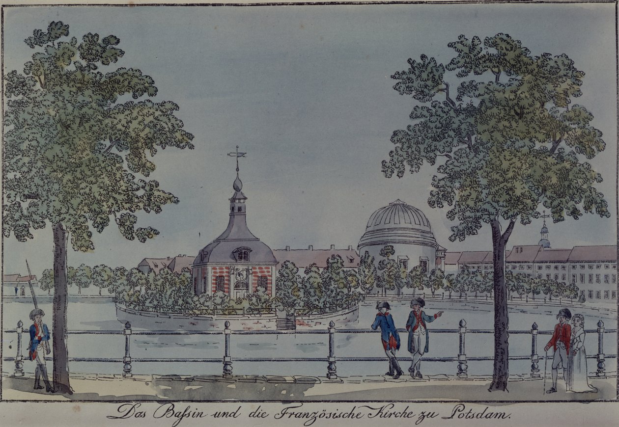 The Pool and French Church in Potsdam, c.1796 (pen und ink and wc on paper) by Johann Friedrich Nagel