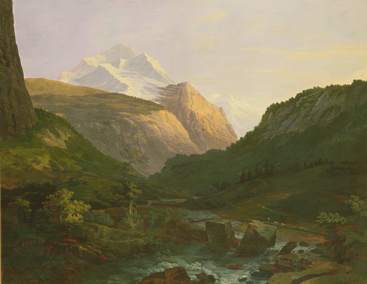 The Jungfrau and the Eiger (oil and gouache on paper laid on canvas) by Johann Georg Volmar