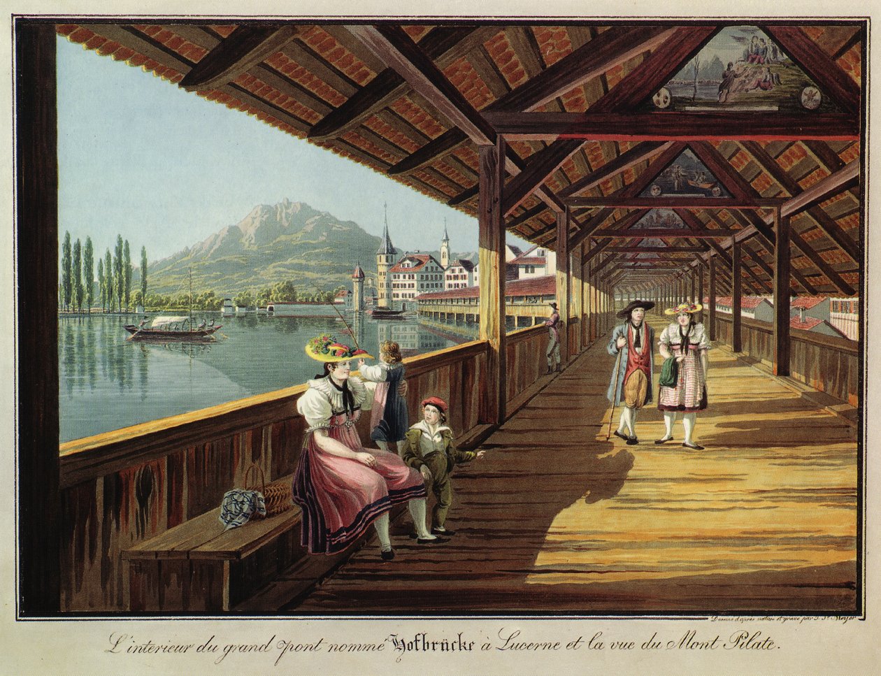 Lucerne'deki Hofbrücke adlı büyük köprünün içi ve Pilatus Dağı'nın görünümü by Johann Jakob Meyer