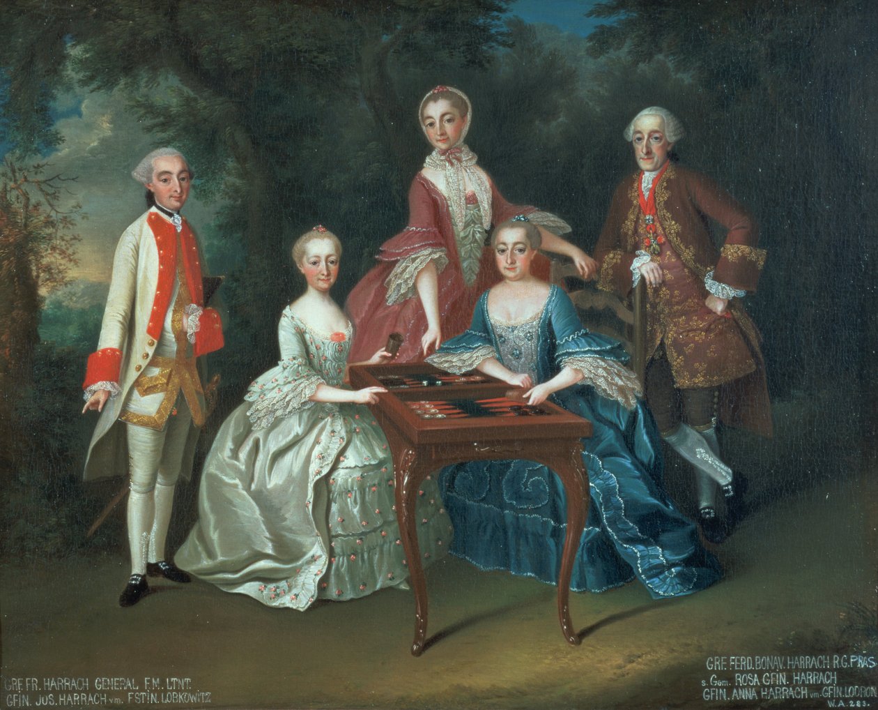 General Kont Ferdinand Harrach, Kont Ferdinand Bonaventura Harrach, Rosa, Anna ve Josephine dahil olmak üzere tavla oynayan Harrach ailesinin grup portresi by Johann Wilhelm Hoffnas or Hofnaas