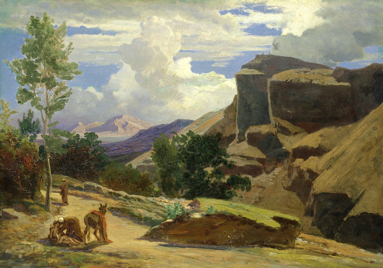 İtalyan Manzarası (Çalışma) (tuval üzerine serilmiş kağıt üzerine yağlı boya) by Johann Wilhelm Schirmer