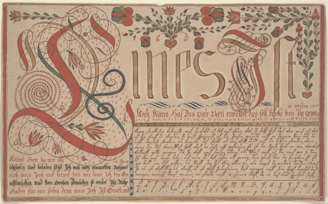 Writing Exercise Vorschrift for Esther Hadmänn, Fraktur Painting pen & ink with wc on paper by Johann Adam Eyer