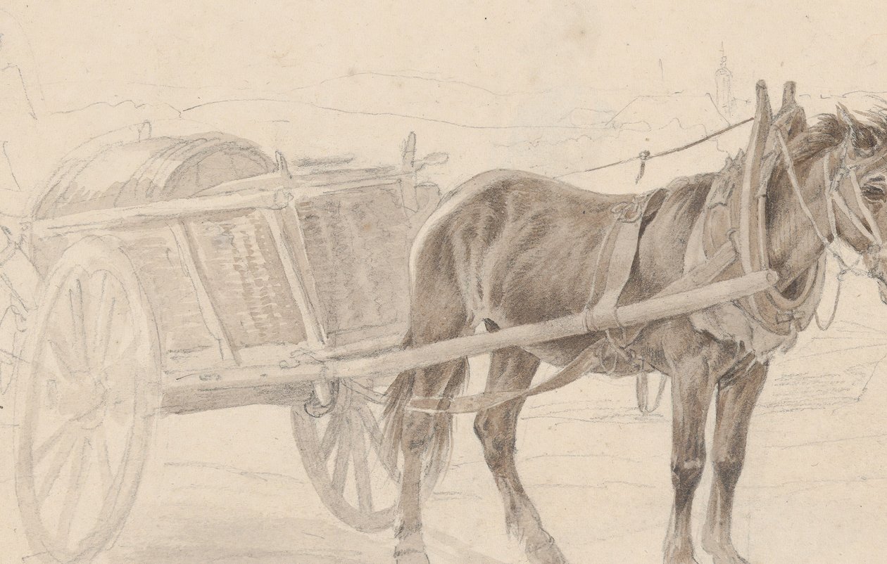 Bir Lamba Direğinin Yanında Kahverengi Bir At Tarafından Çekilmiş Bir Araba, Verso: Bir Grup Atlı Subay, yaklaşık. 1815. by Johann Adam Klein