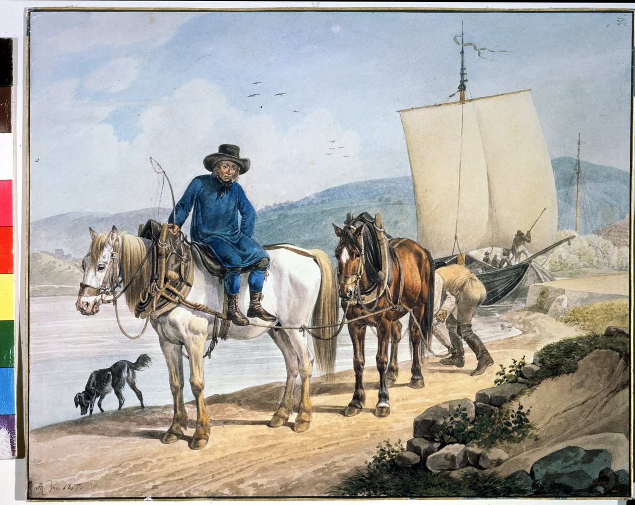 ""Nehirde Bir At Ve Araba"". Bir nehir boyunca bir tekneyi çeken veya bir yedekte mal boşaltmak için kullanılan atlar". Johann Adam Klein