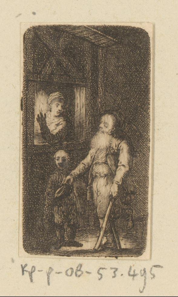 Çocuk ve kadın pencerenin önünde ile sakat yaşlı dilenci by Johann Andreas Benjamin Nothnagel