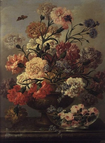 Cam kasede güllü karanfiller ve unutma beni by Johann Baptist Drechsler
